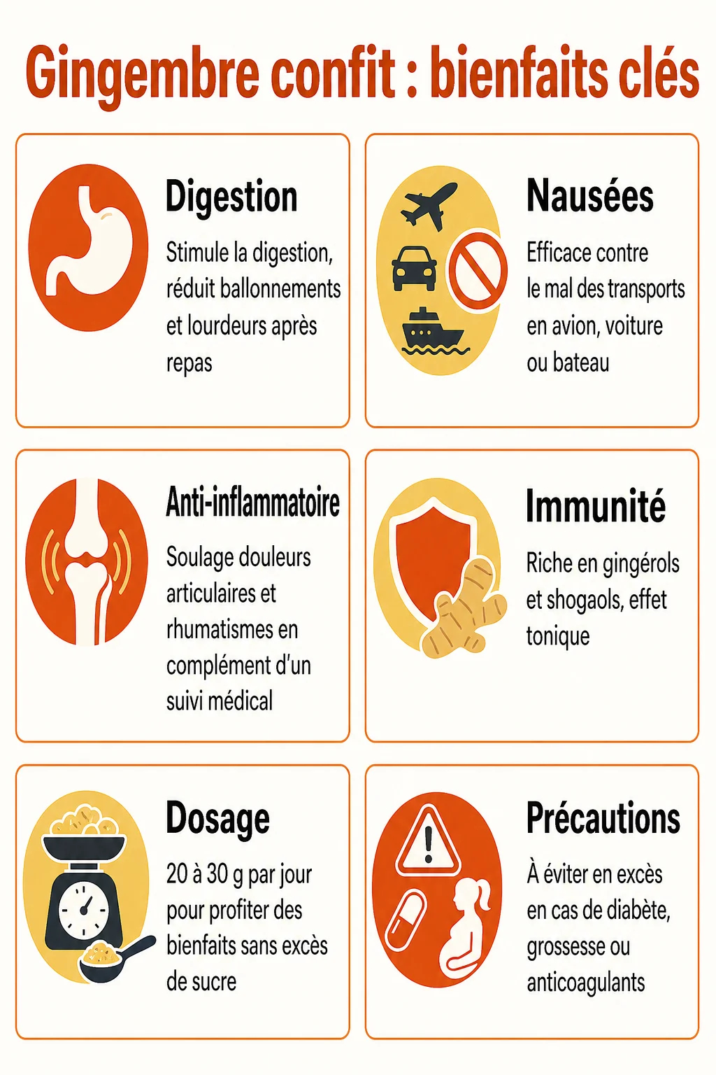 Gingembre confit : bienfaits clés : Digestion, Nausées, Anti-inflammatoire, Immunité, Dosage, Précautions