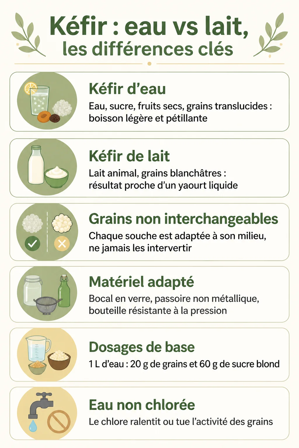 Kéfir : eau vs lait, les différences clés : Kéfir d'eau, Kéfir de lait, Grains non interchangeables, Matériel adapté, Dosages de base, Eau non chlorée