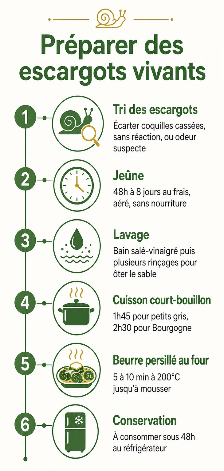 Préparer des escargots vivants : 1. Tri des escargots, 2. Jeûne, 3. Lavage, 4. Cuisson court-bouillon, 5. Beurre persillé au four, 6. Conservation