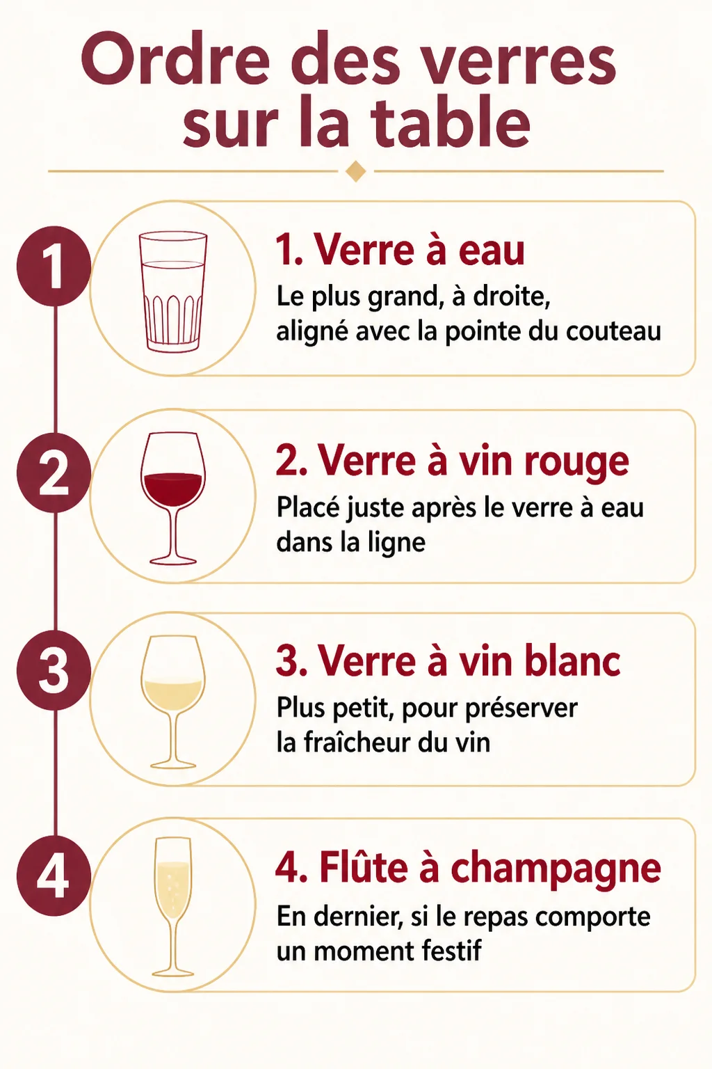 Ordre des verres sur la table : 1. Verre à eau, 2. Verre à vin rouge, 3. Verre à vin blanc, 4. Flûte à champagne