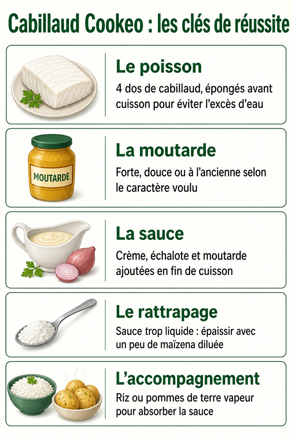 Cabillaud Cookeo : les clés de réussite : Le poisson, La moutarde, La sauce, Le rattrapage, L'accompagnement