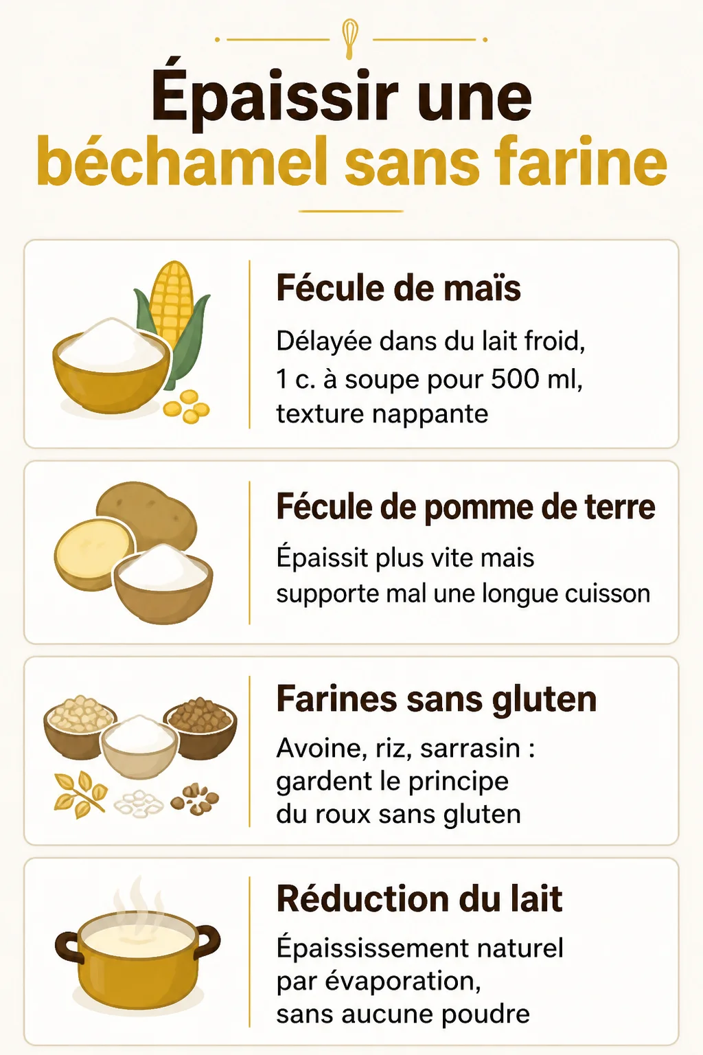 Épaissir une béchamel sans farine : Fécule de maïs, Fécule de pomme de terre, Farines sans gluten, Réduction du lait