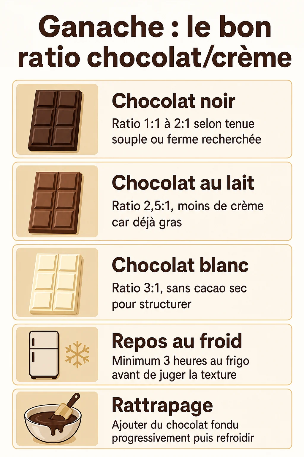 Ganache : le bon ratio chocolat/crème : Chocolat noir, Chocolat au lait, Chocolat blanc, Repos au froid, Rattrapage