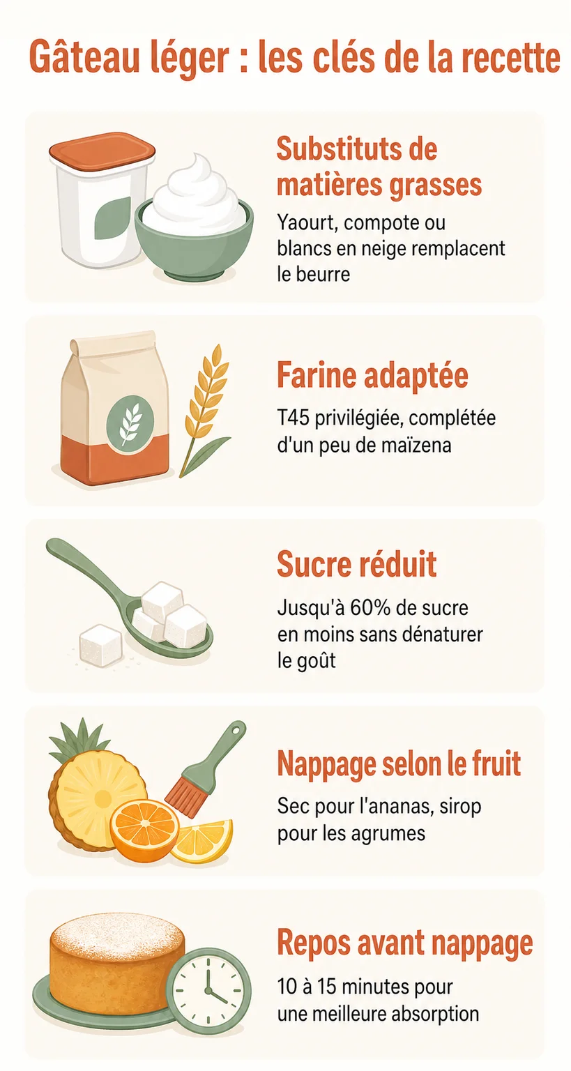 Gâteau léger : les clés de la recette : Substituts de matières grasses, Farine adaptée, Sucre réduit, Nappage selon le fruit, Repos avant nappage