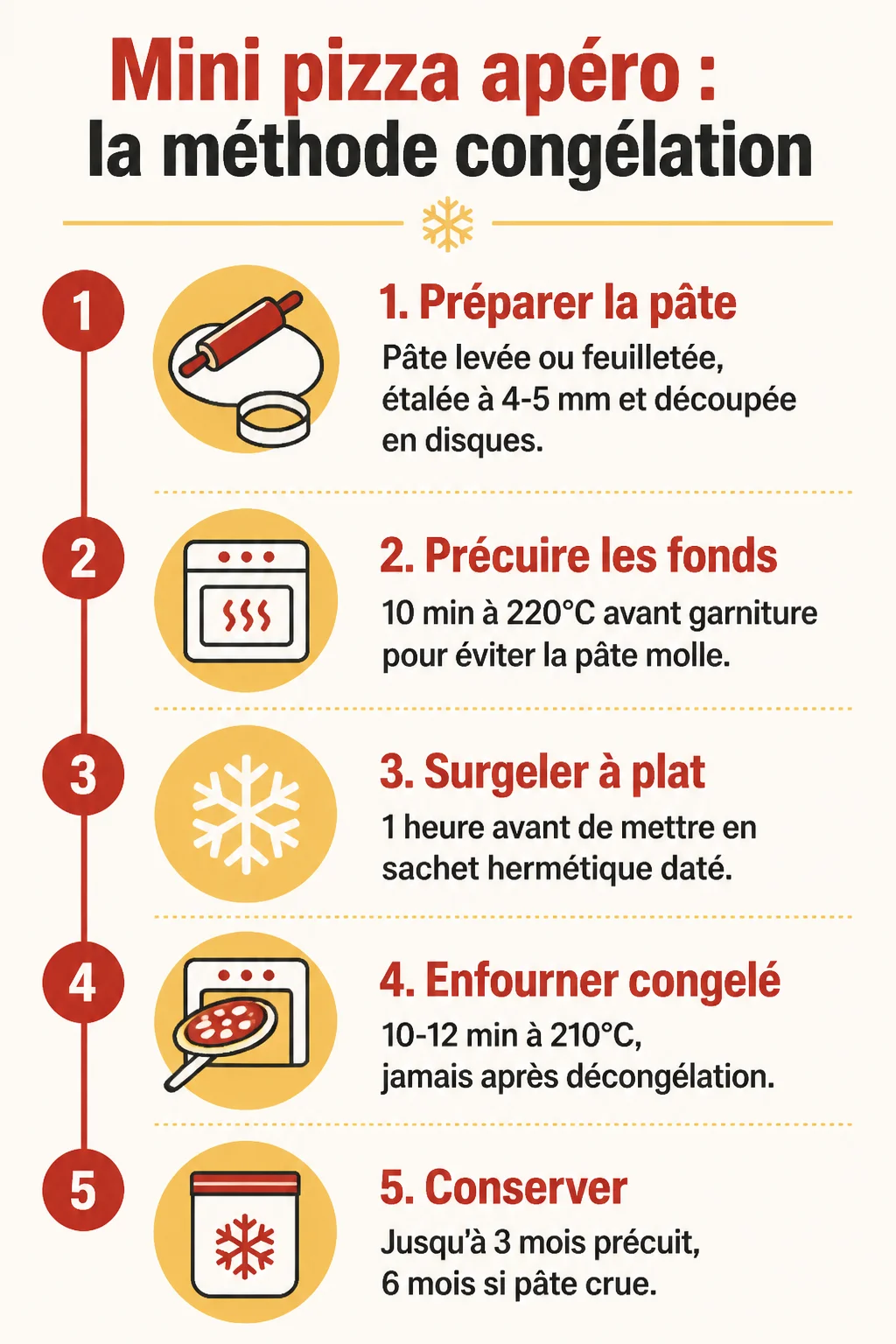 Mini pizza apéro : la méthode congélation : 1. Préparer la pâte, 2. Précuire les fonds, 3. Surgeler à plat, 4. Enfourner congelé, 5. Conserver