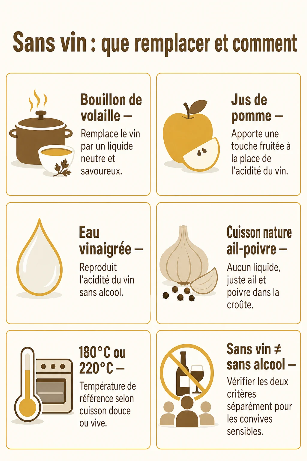 Sans vin : que remplacer et comment : Bouillon de volaille, Jus de pomme, Eau vinaigrée, Cuisson nature ail-poivre, 180°C ou 220°C, Sans vin ≠ sans alcool