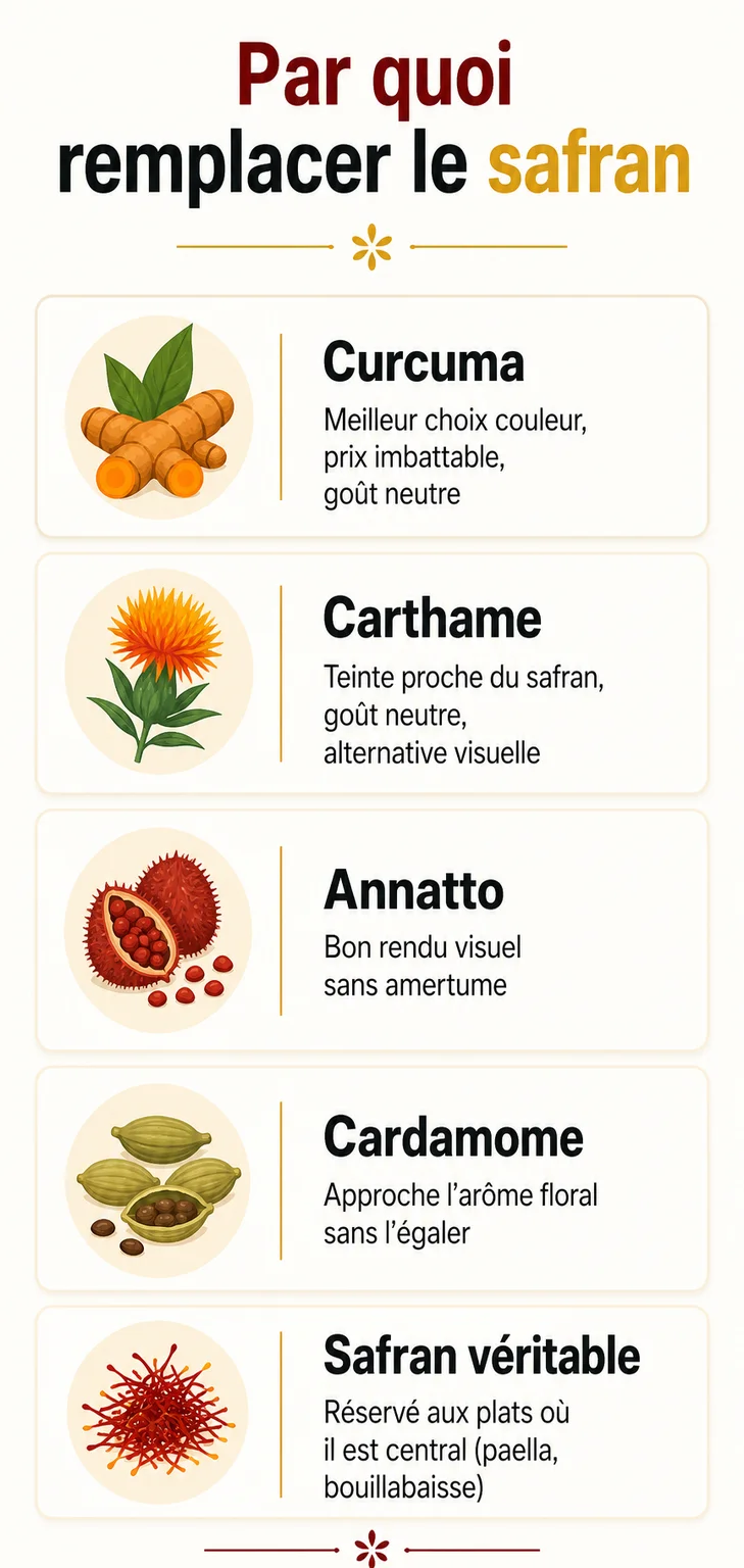 Par quoi remplacer le safran : Curcuma, Carthame, Annatto, Cardamome, Safran véritable