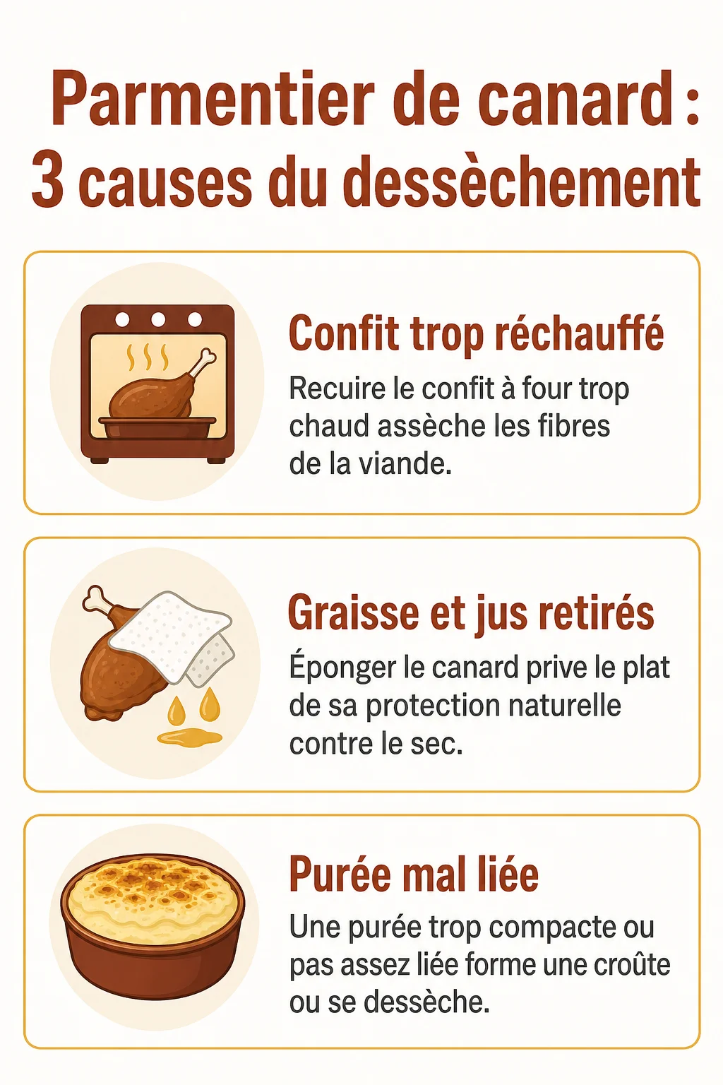 Parmentier de canard : 3 causes du dessèchement : Confit trop réchauffé, Graisse et jus retirés, Purée mal liée