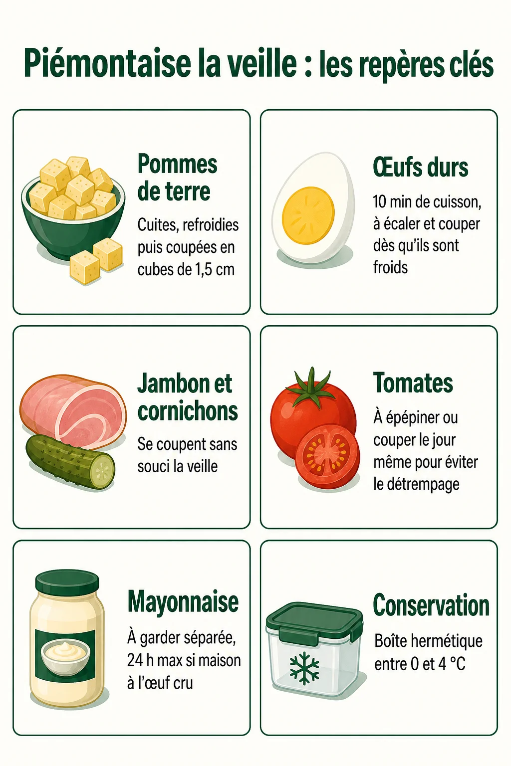 Piémontaise la veille : les repères clés : Pommes de terre, Œufs durs, Jambon et cornichons, Tomates, Mayonnaise, Conservation