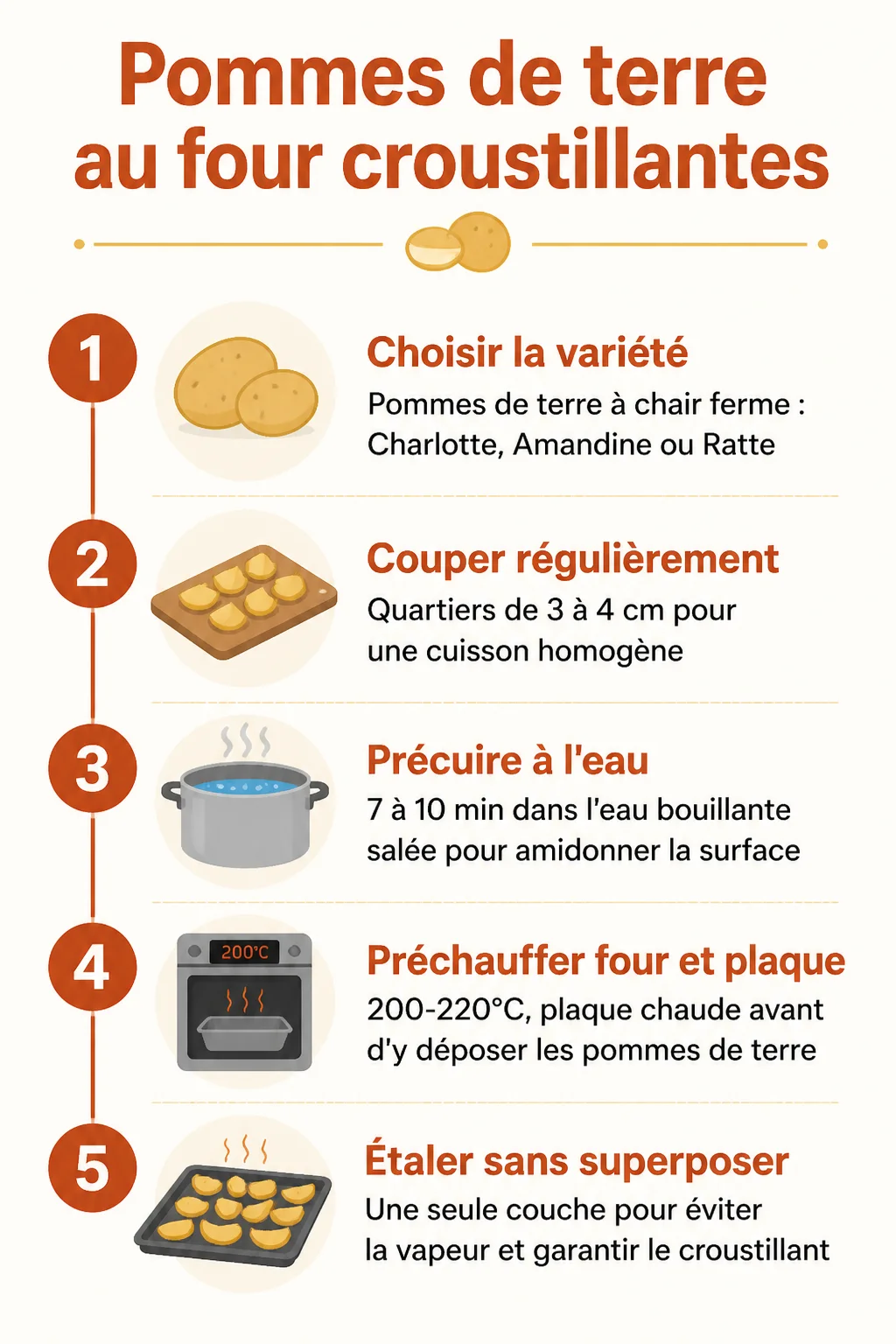 Pommes de terre au four croustillantes : 1. Choisir la variété, 2. Couper régulièrement, 3. Précuire à l'eau, 4. Préchauffer four et plaque, 5. Étaler sans superposer