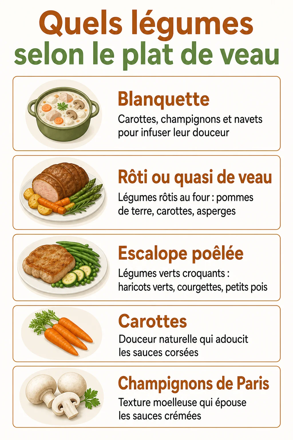 Quels légumes selon le plat de veau : Blanquette, Rôti ou quasi de veau, Escalope poêlée, Carottes, Champignons de Paris