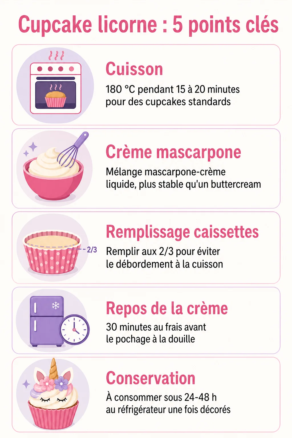 Cupcake licorne : 5 points clés : Cuisson, Crème mascarpone, Remplissage caissettes, Repos de la crème, Conservation