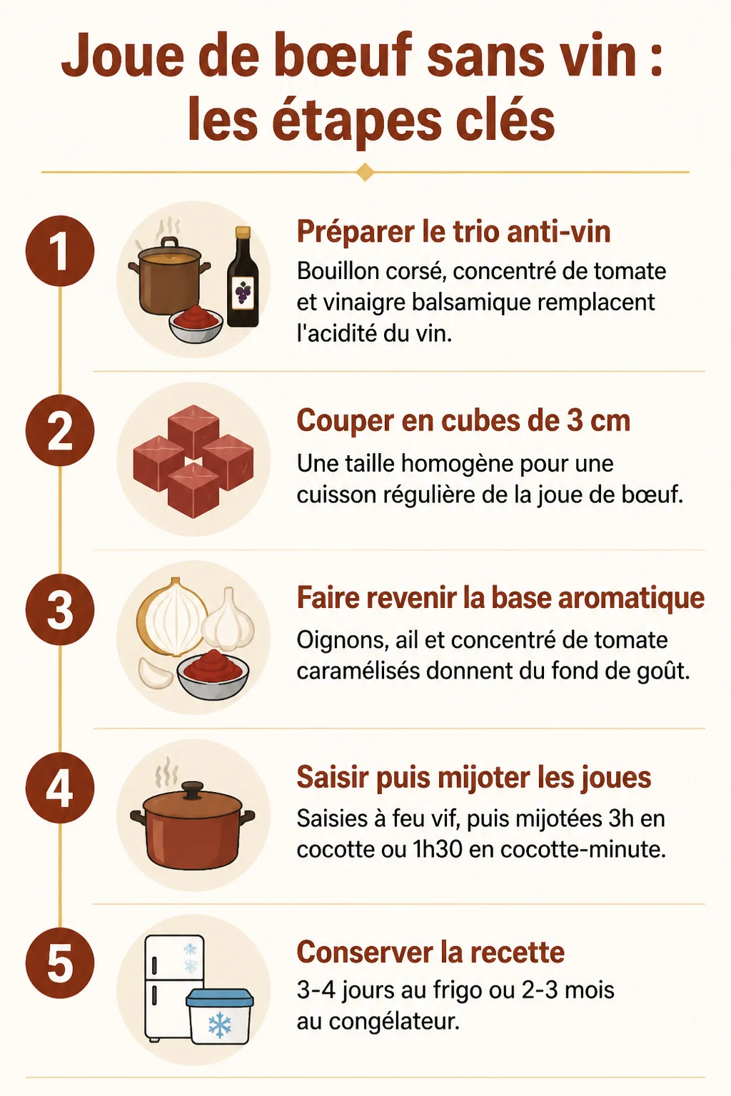 Joue de bœuf sans vin : les étapes clés : 1. Préparer le trio anti-vin, 2. Couper en cubes de 3 cm, 3. Faire revenir la base aromatique, 4. Saisir puis mijoter les joues, 5. Conserver la recette