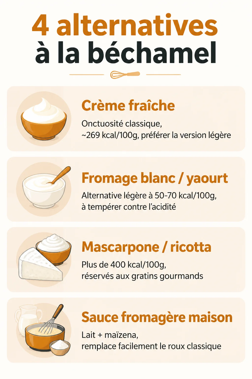 4 alternatives à la béchamel : Crème fraîche, Fromage blanc / yaourt, Mascarpone / ricotta, Sauce fromagère maison