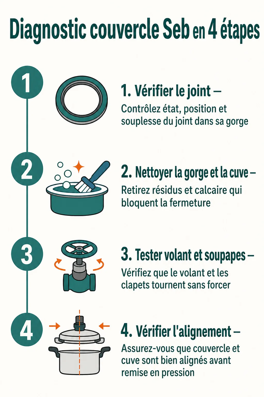 Diagnostic couvercle Seb en 4 étapes : 1. Vérifier le joint, 2. Nettoyer la gorge et la cuve, 3. Tester volant et soupapes, 4. Vérifier l'alignement