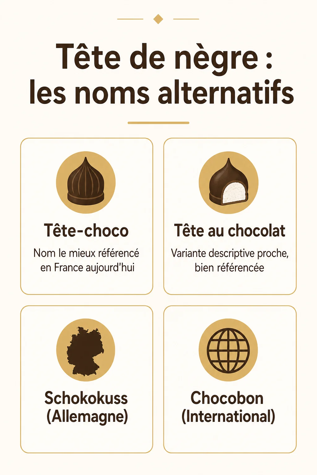 Tête de nègre : les noms alternatifs : Tête-choco, Tête au chocolat, Schokokuss (Allemagne), Flødeboller (Danemark)
