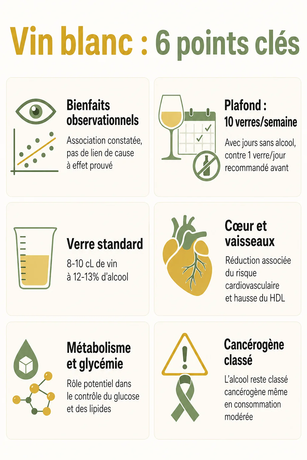 Vin blanc : 6 points clés : Bienfaits observationnels, Plafond : 10 verres/semaine, Verre standard, Cœur et vaisseaux, Métabolisme et glycémie, Cancérogène classé