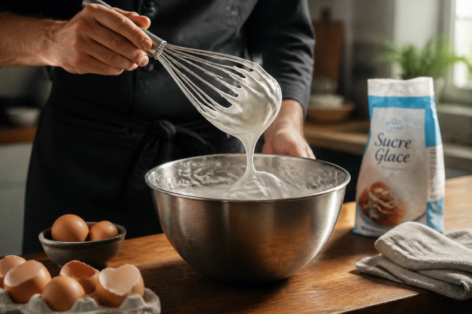 Chef fouettant une meringue crémeuse dans un saladier en inox sur un plan de travail en bois