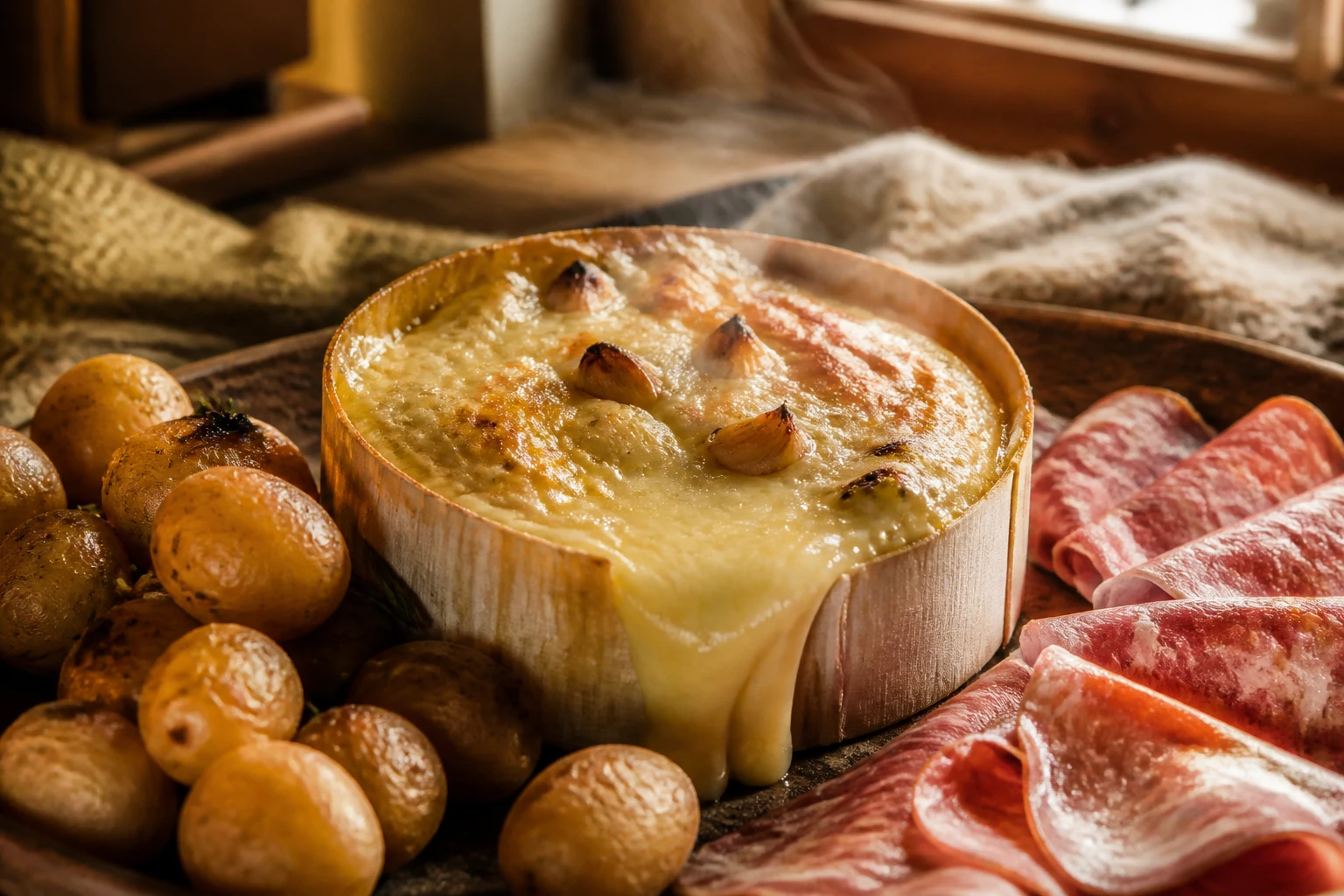 Mont d'or fondant cuit au four sans vin, servi dans sa boîte en bois avec pommes de terre et charcuterie