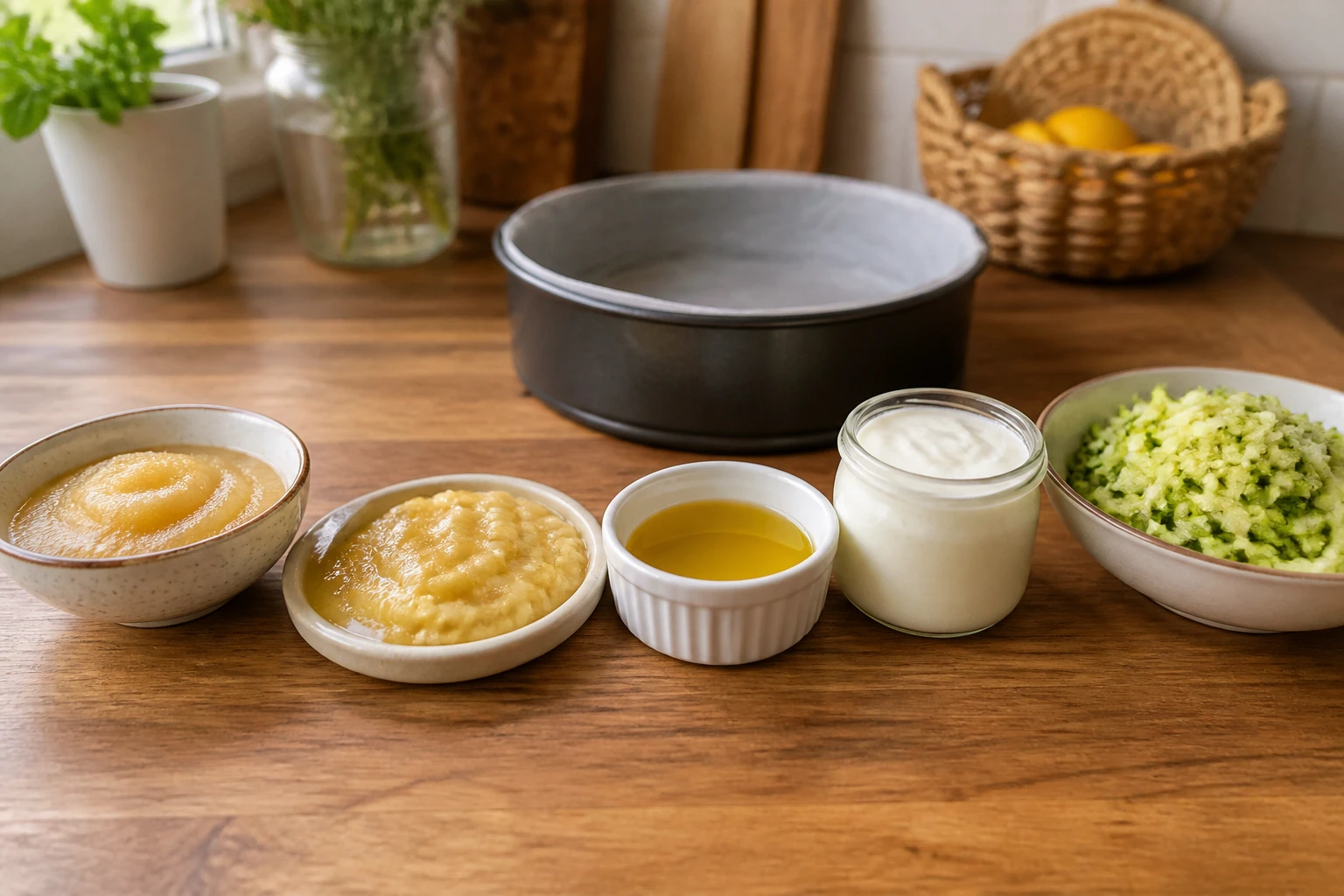 Alternatives au beurre pour gâteau : compote, banane, huile, yaourt et courgette râpée sur un plan de travail