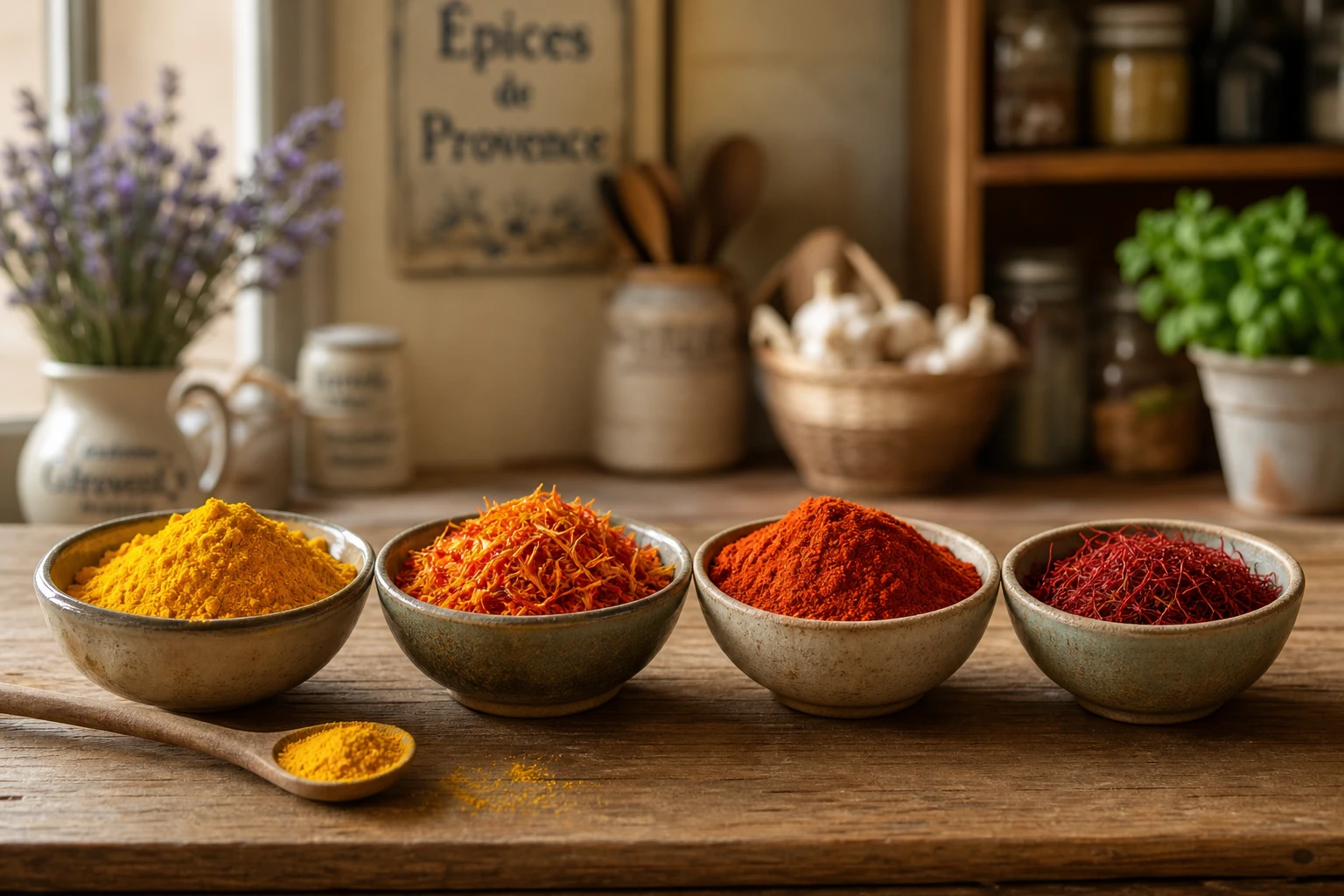 Bols d'épices safran, curcuma, carthame et paprika sur un plan de travail en bois