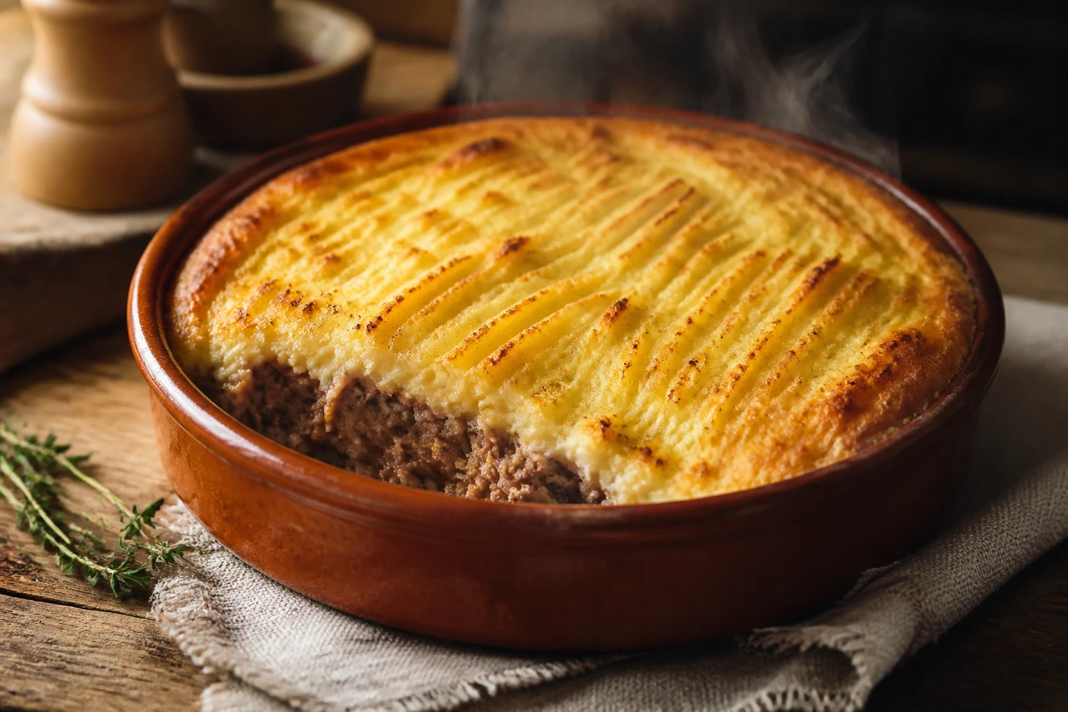 Parmentier de canard confit gratiné dans un plat en terre cuite avec purée dorée et striée