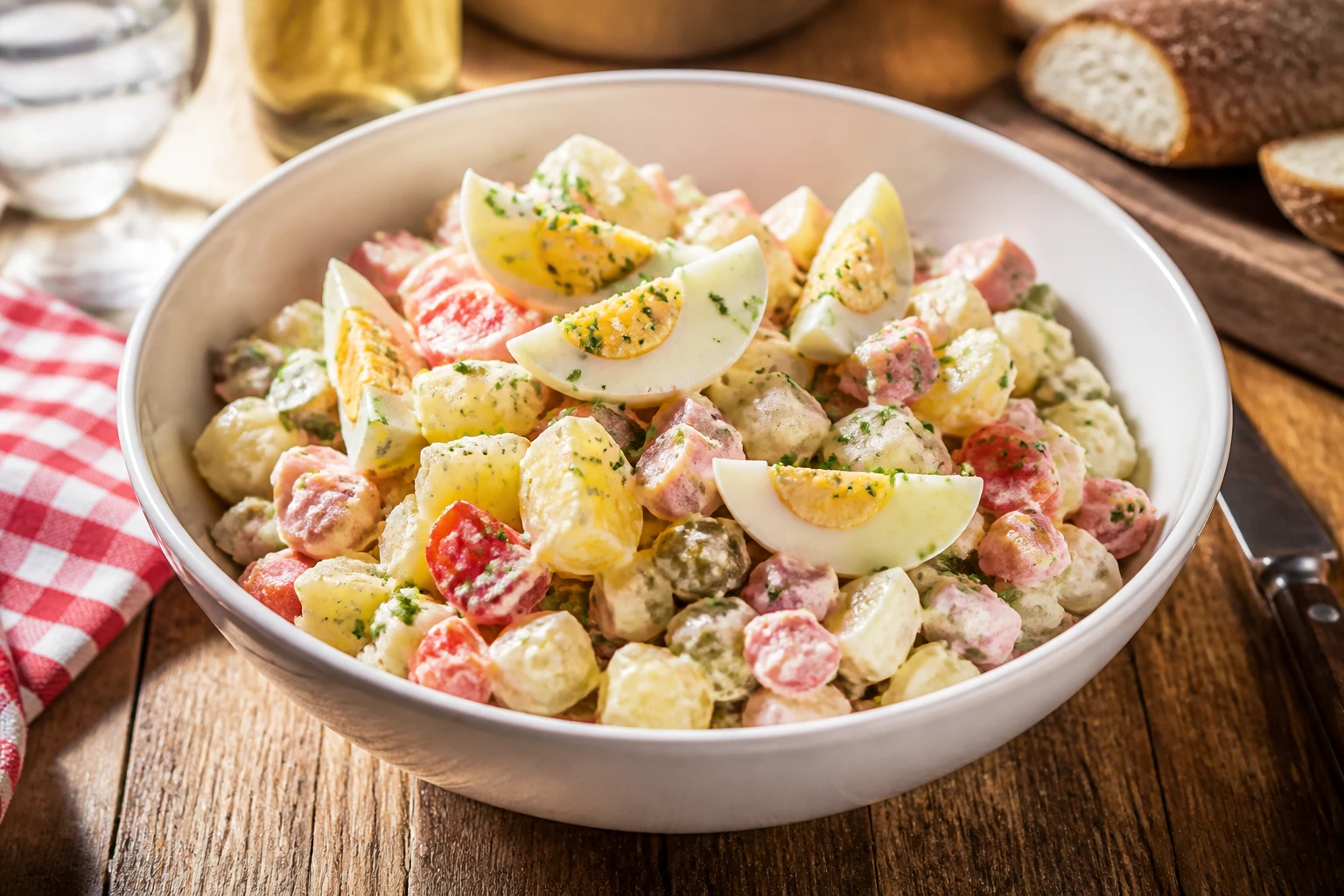 Salade piémontaise avec pommes de terre, œufs durs, jambon et mayonnaise dans un saladier