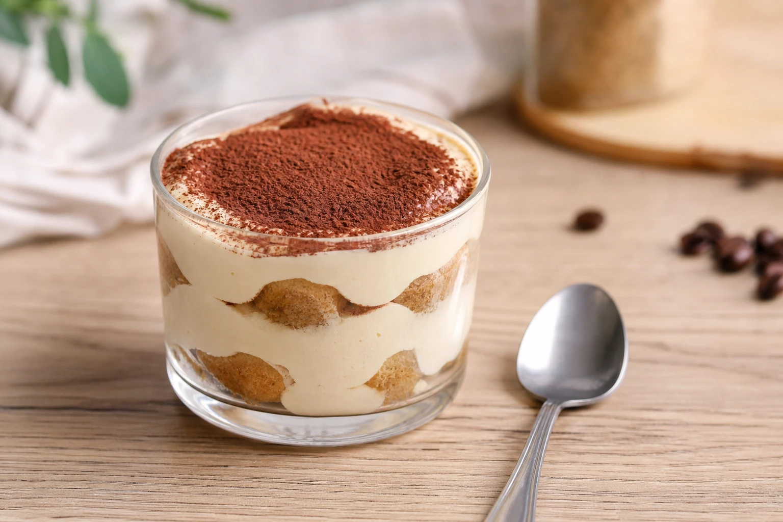 Tiramisu en verrine avec crème mascarpone ferme et poudre de cacao, posé sur une table en bois