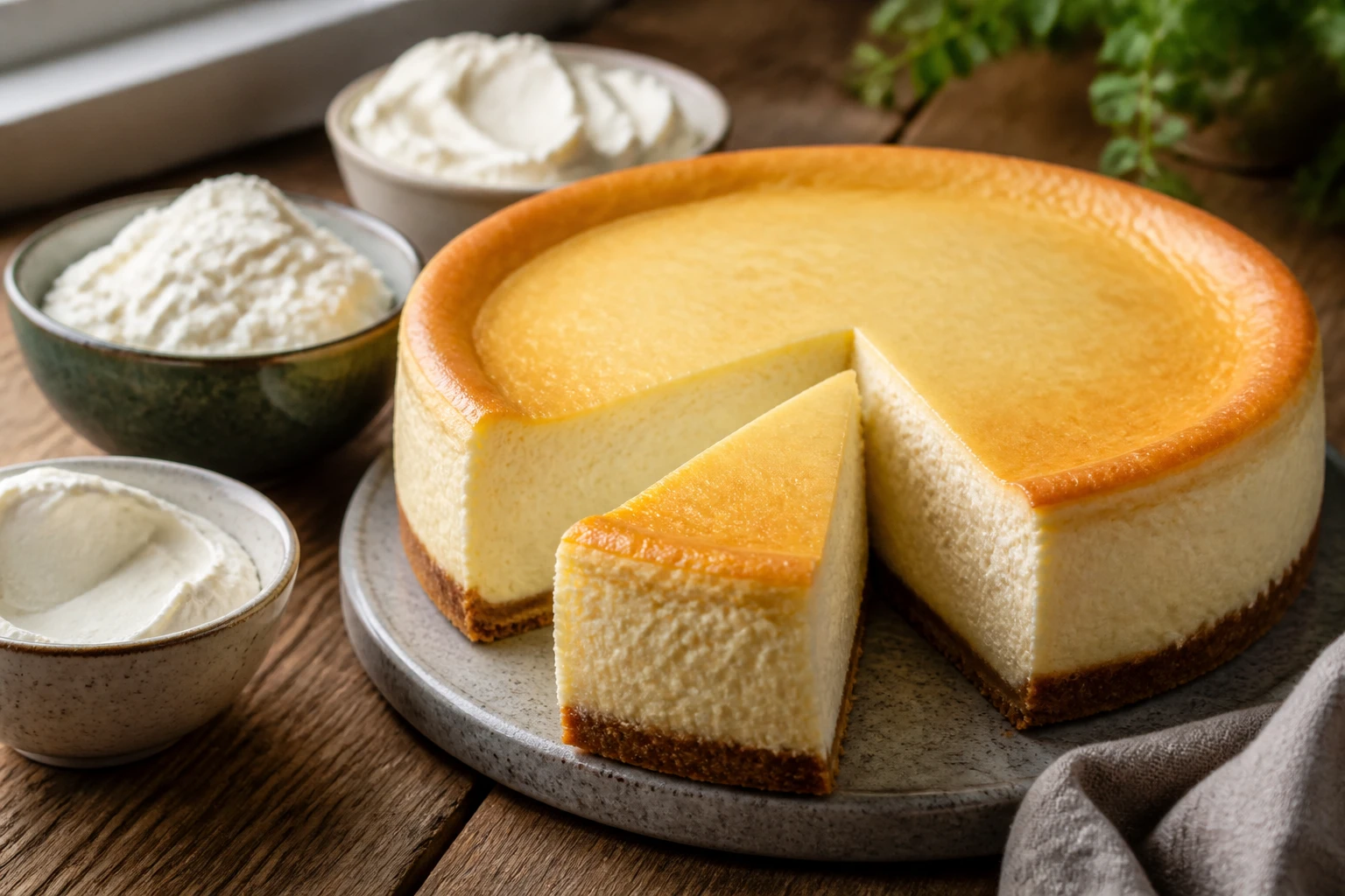 Cheesecake tranché sur une table en bois entouré de fromages frais utilisés dans la recette
