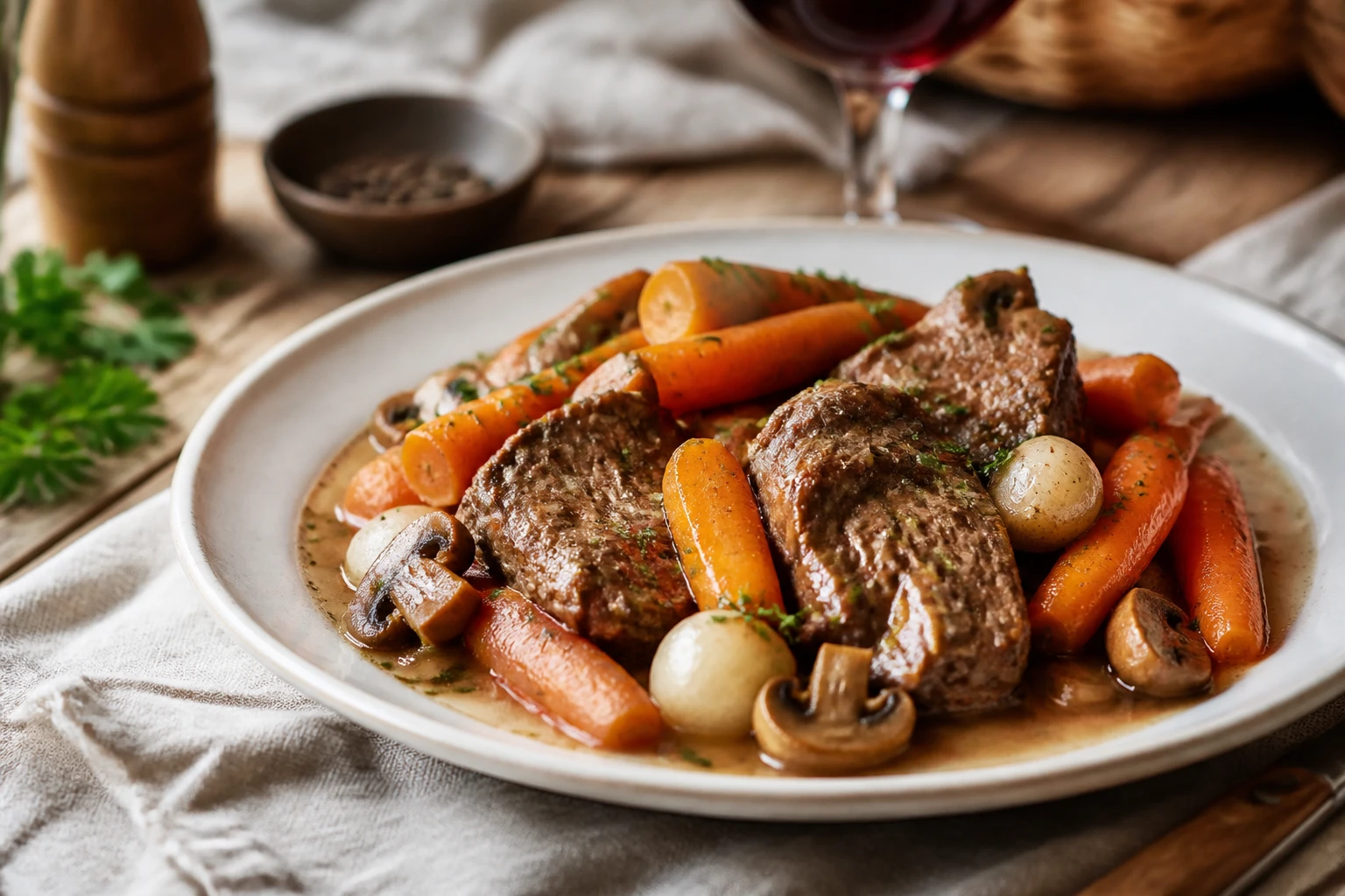 Assiette de veau mijoté avec carottes, champignons et navets sur table en bois