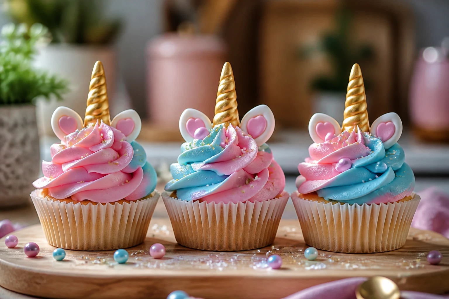 Cupcakes licorne décorés de crème mascarpone rose et bleue, corne dorée en pâte à sucre et oreilles en cœur