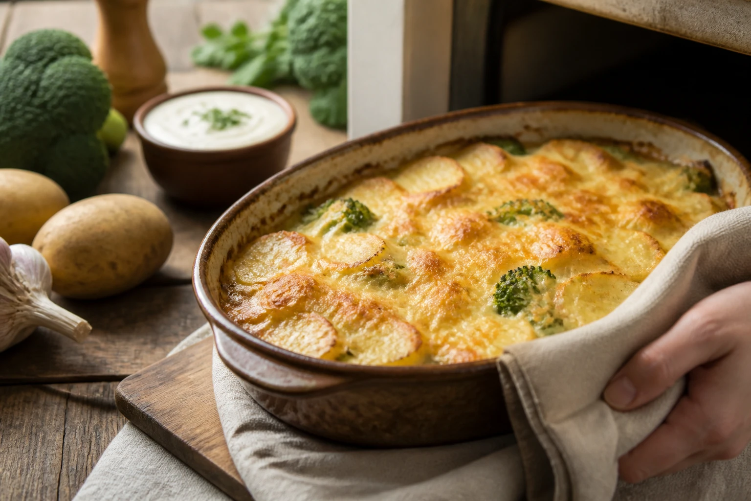 Gratin doré au four avec alternatives à la béchamel, fromage blanc et légumes en accompagnement