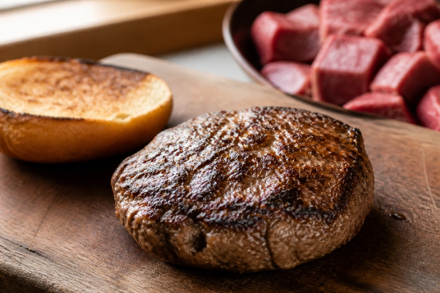 Steak haché maison grillé à la croûte dorée posé sur une planche en bois avec un pain à burger