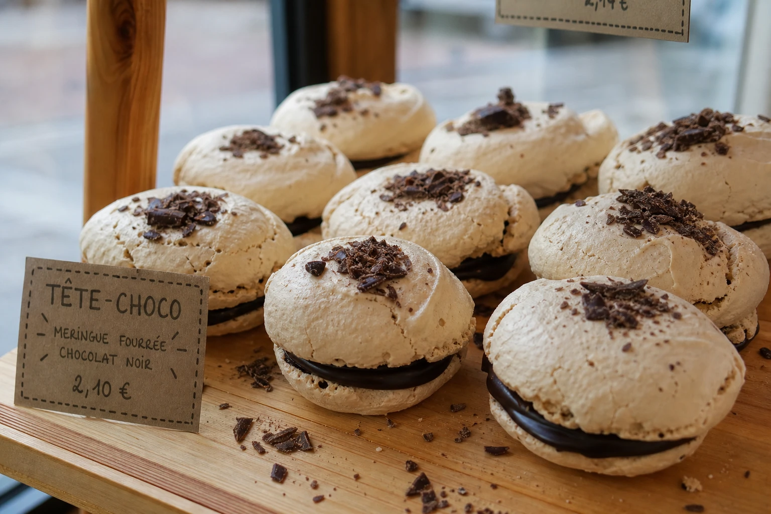 Meringues tête-choco fourrées au chocolat présentées sur un étal de boulangerie artisanale