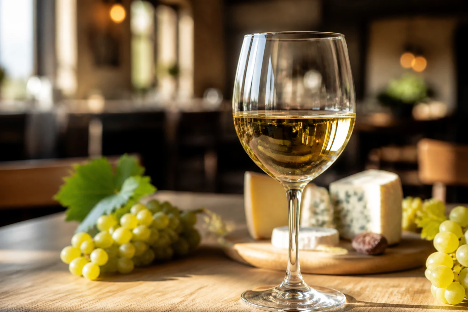 Verre de vin blanc sec sur une table en bois avec raisins en arrière-plan