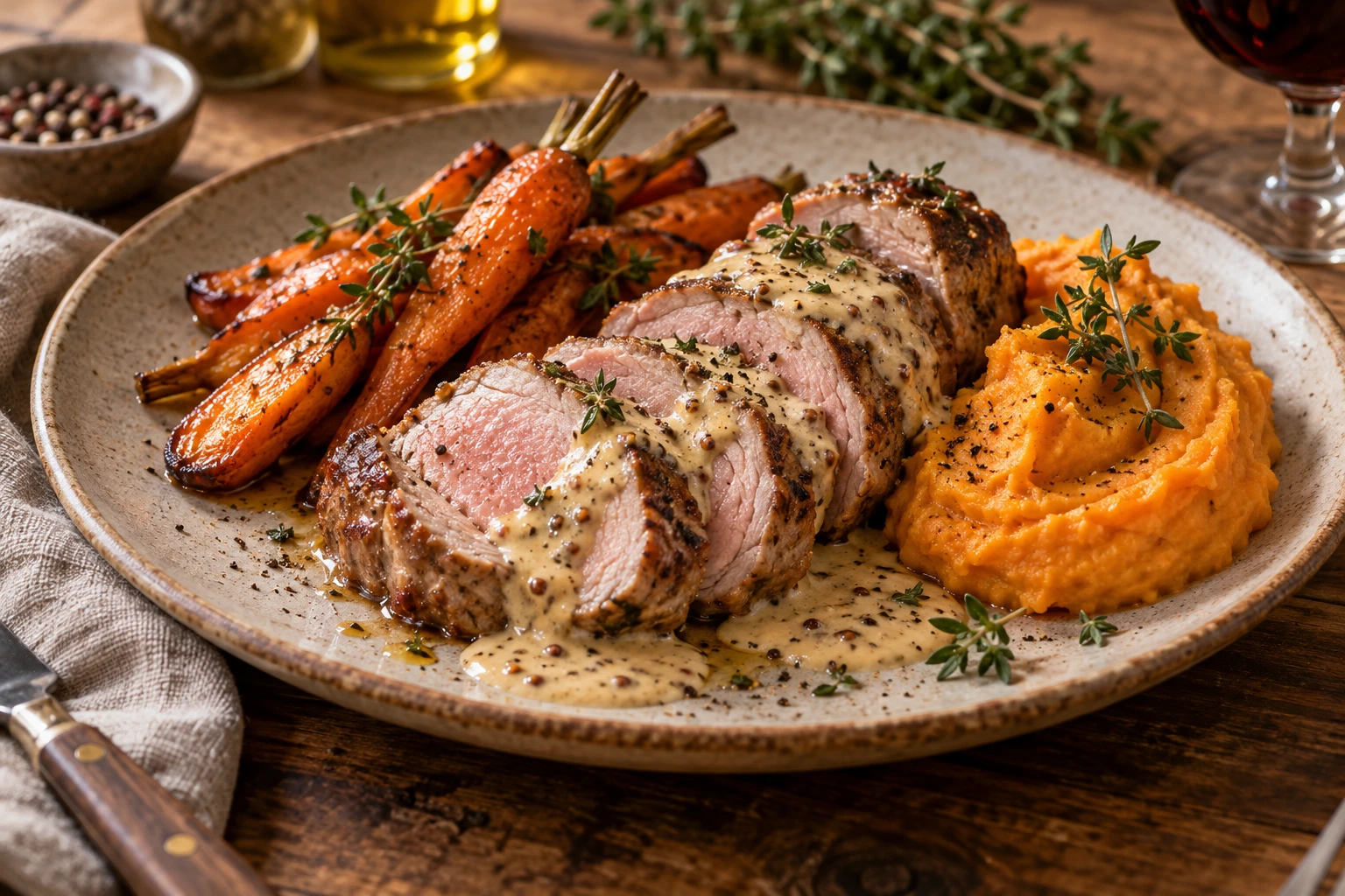 Filet mignon de porc tranché avec carottes rôties et purée de patate douce sur table en bois