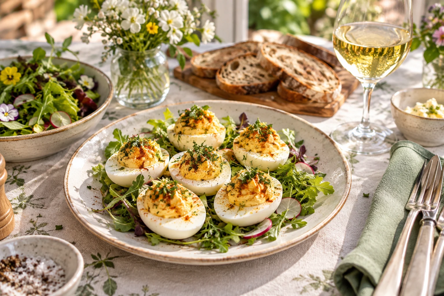 Assiette d'œufs mimosa accompagnée de salade verte, pain de campagne et vin blanc sur table dressée