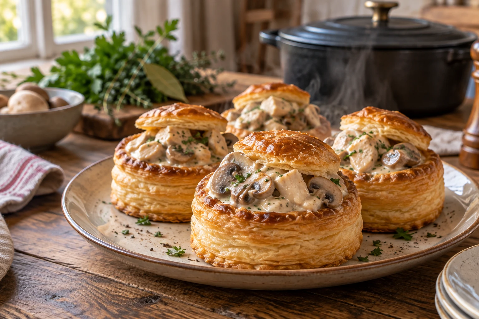 Bouchées à la reine feuilletées garnies de poulet et champignons, sauce crémeuse, sur table en bois
