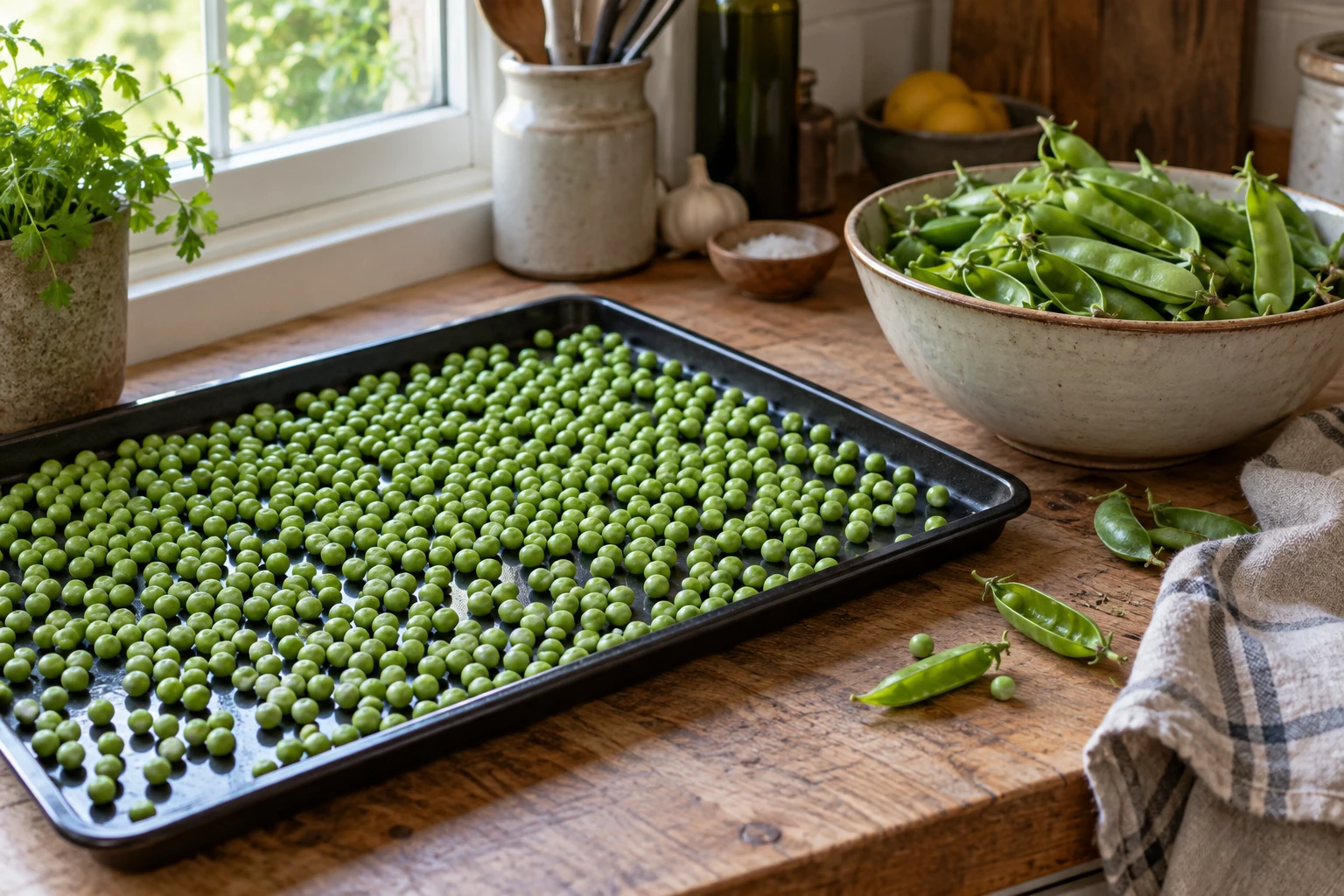 Petits pois frais écossés étalés sur une plaque avant congélation dans une cuisine familiale