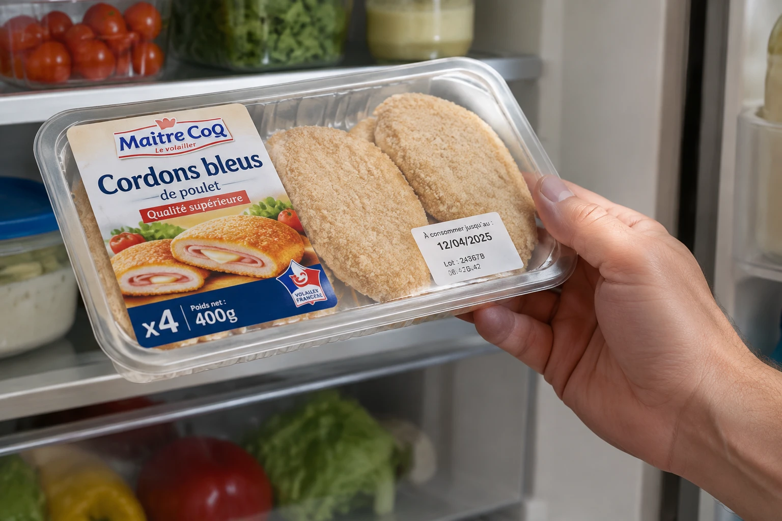 Main lisant la date de consommation sur une barquette de cordons bleus dans un réfrigérateur