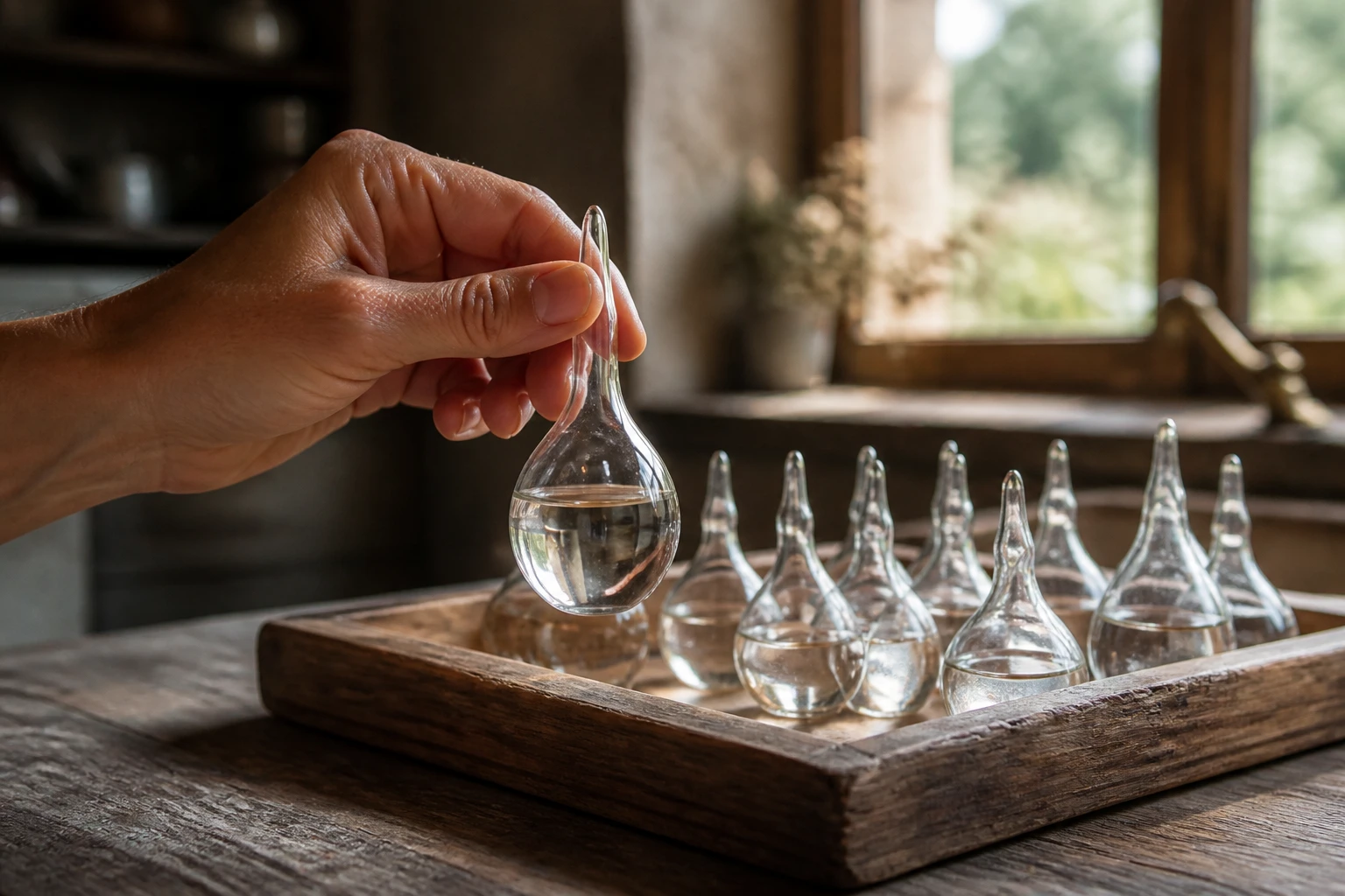Ampoule d'eau de Quinton tenue en main pour une cure de drainage hépatique
