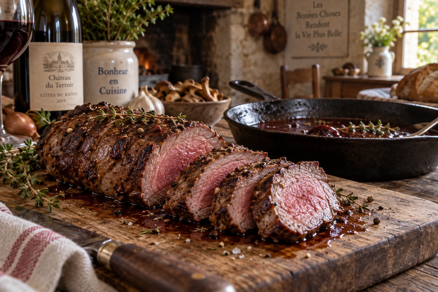 Filet de sanglier saisi à la poêle, tranché et rosé, sur une planche en bois