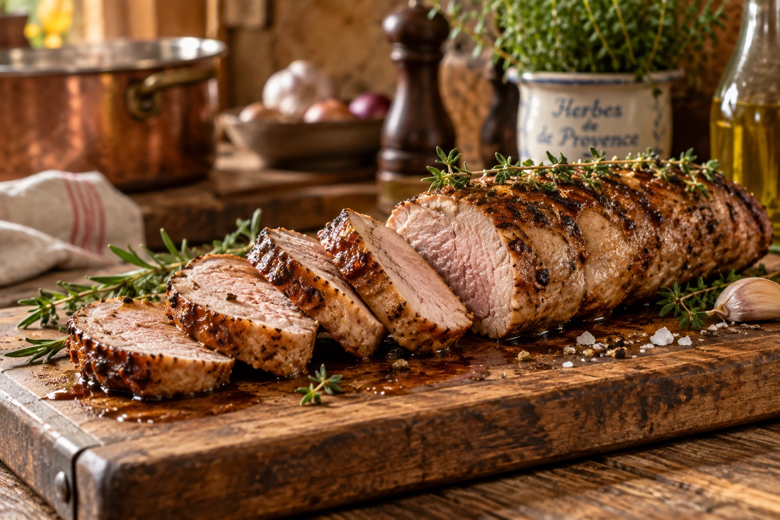 Filet mignon de porc tranché et fondant sur une planche en bois avec jus de cuisson