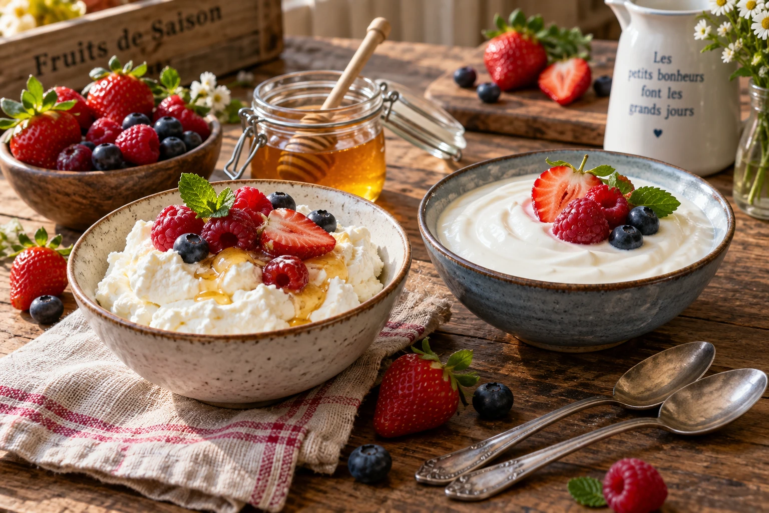Bol de fromage blanc et bol de yaourt nature avec fruits rouges sur une table en bois