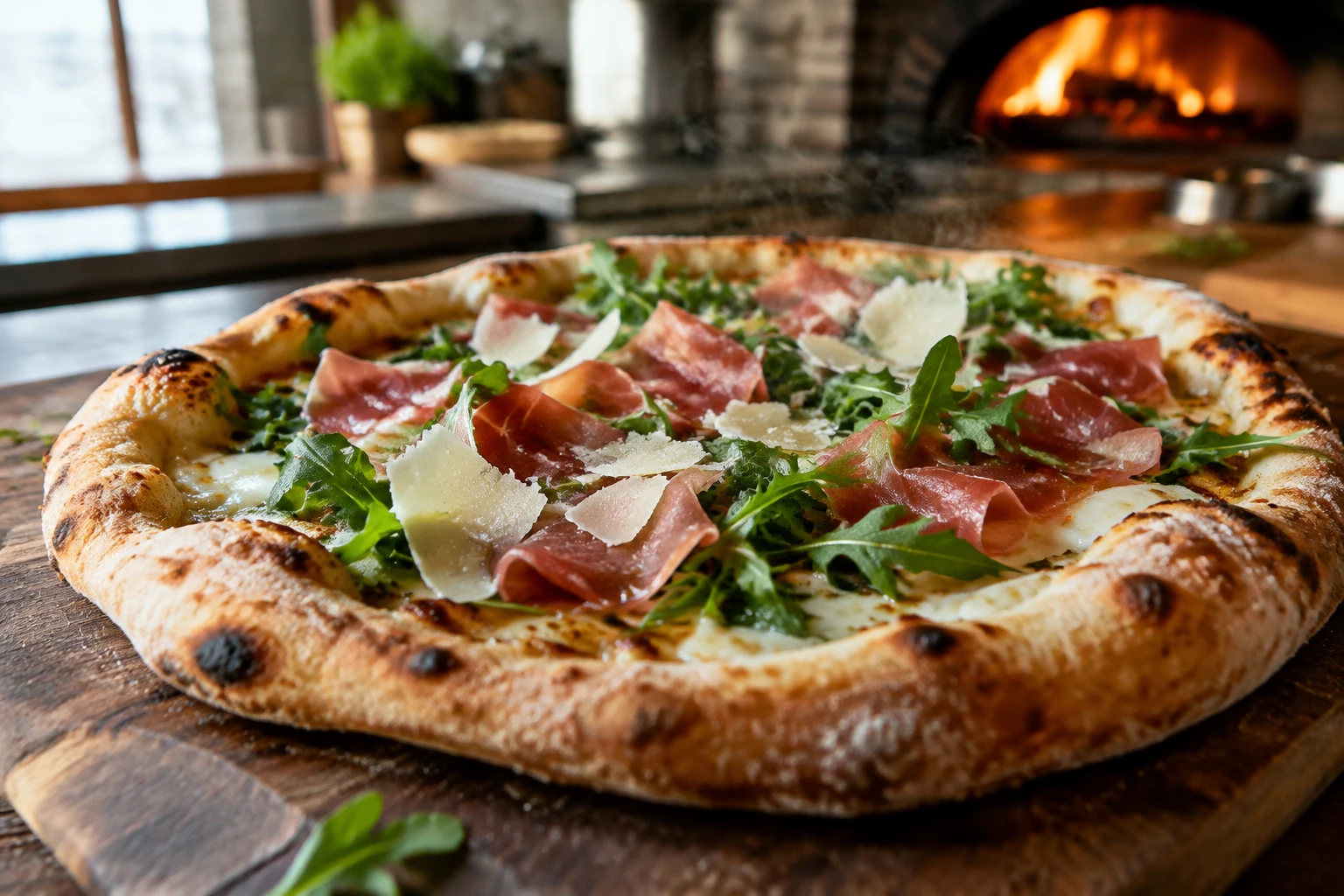 Pizza artisanale garnie de mozzarella, jambon cru et roquette sortant du four à bois