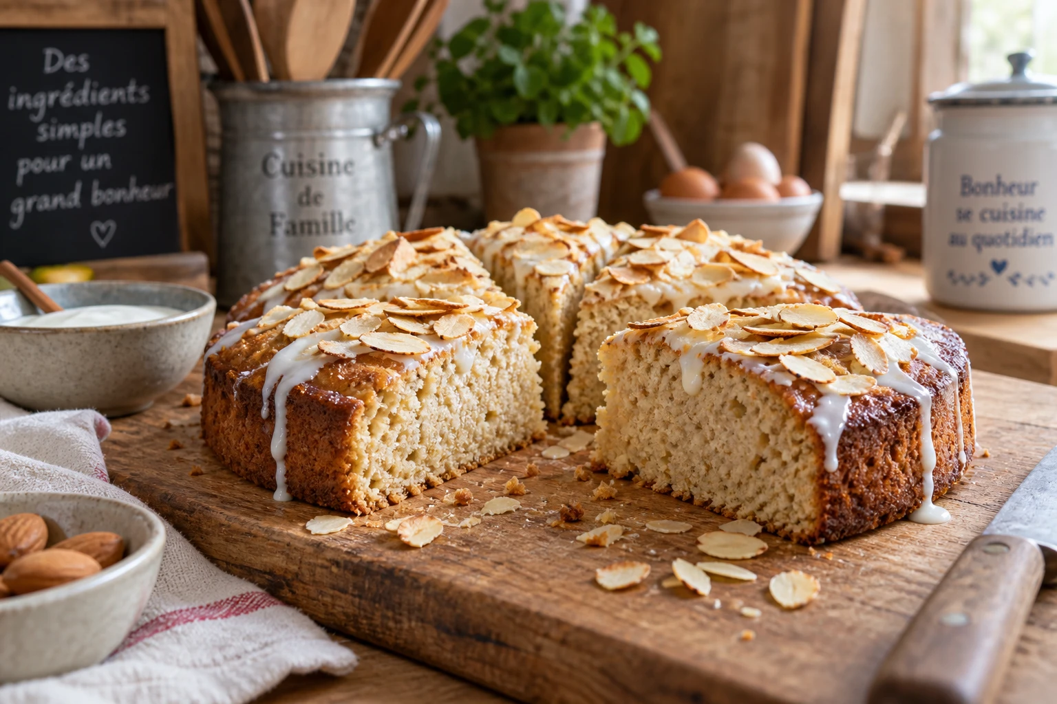 Part de gâteau protéiné sans whey moelleux posée sur une planche en bois avec amandes effilées