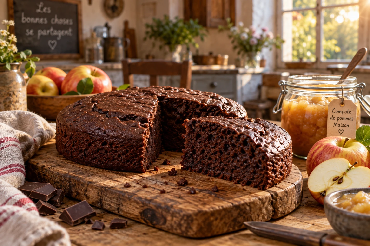 Gâteau au chocolat sans matière grasse ni sucre ajouté tranché sur planche en bois avec pommes fraîches