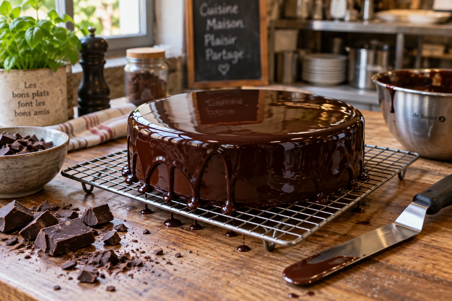 Entremets nappé d'un glaçage chocolat miroir brillant coulant sur les bords