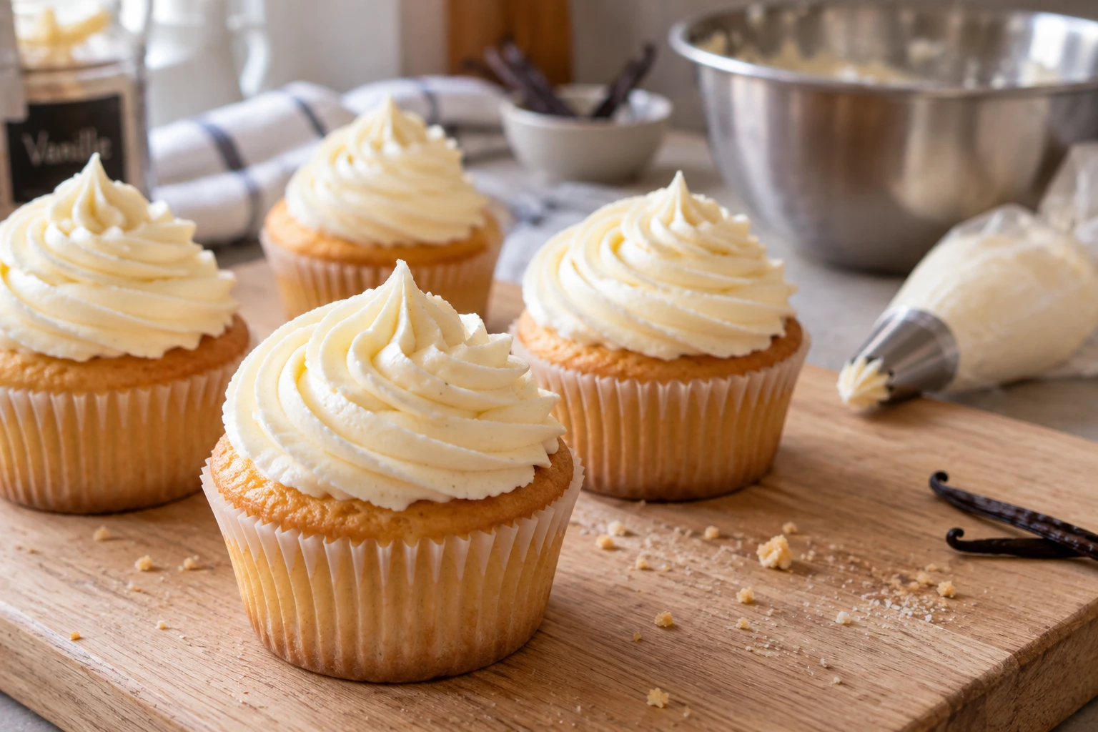 Cupcakes vanille avec spirale de glaçage au mascarpone pochée sur une planche en bois