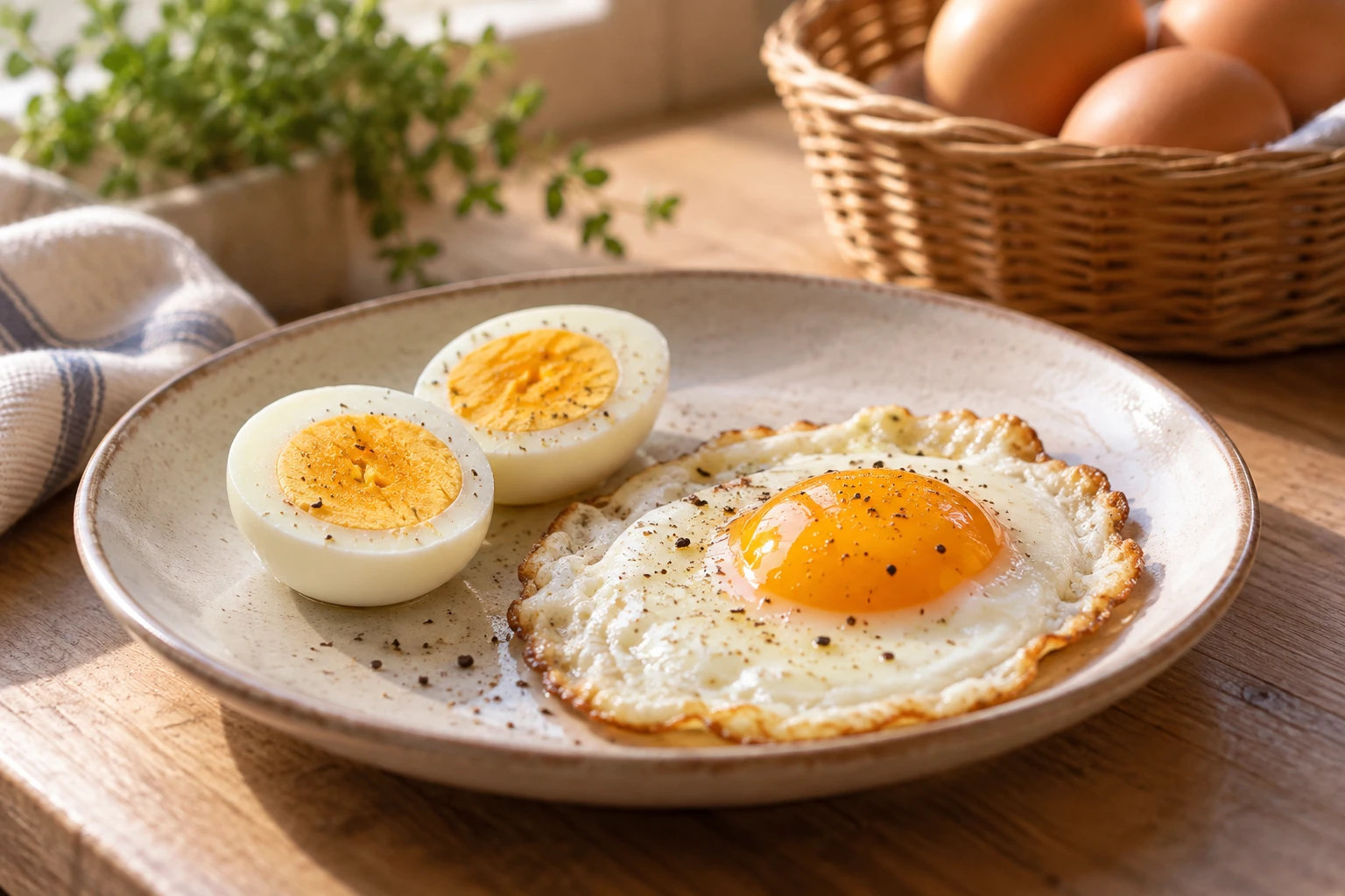 Œuf dur coupé et œuf au plat sur une table en bois, illustrant la teneur en glucides des œufs